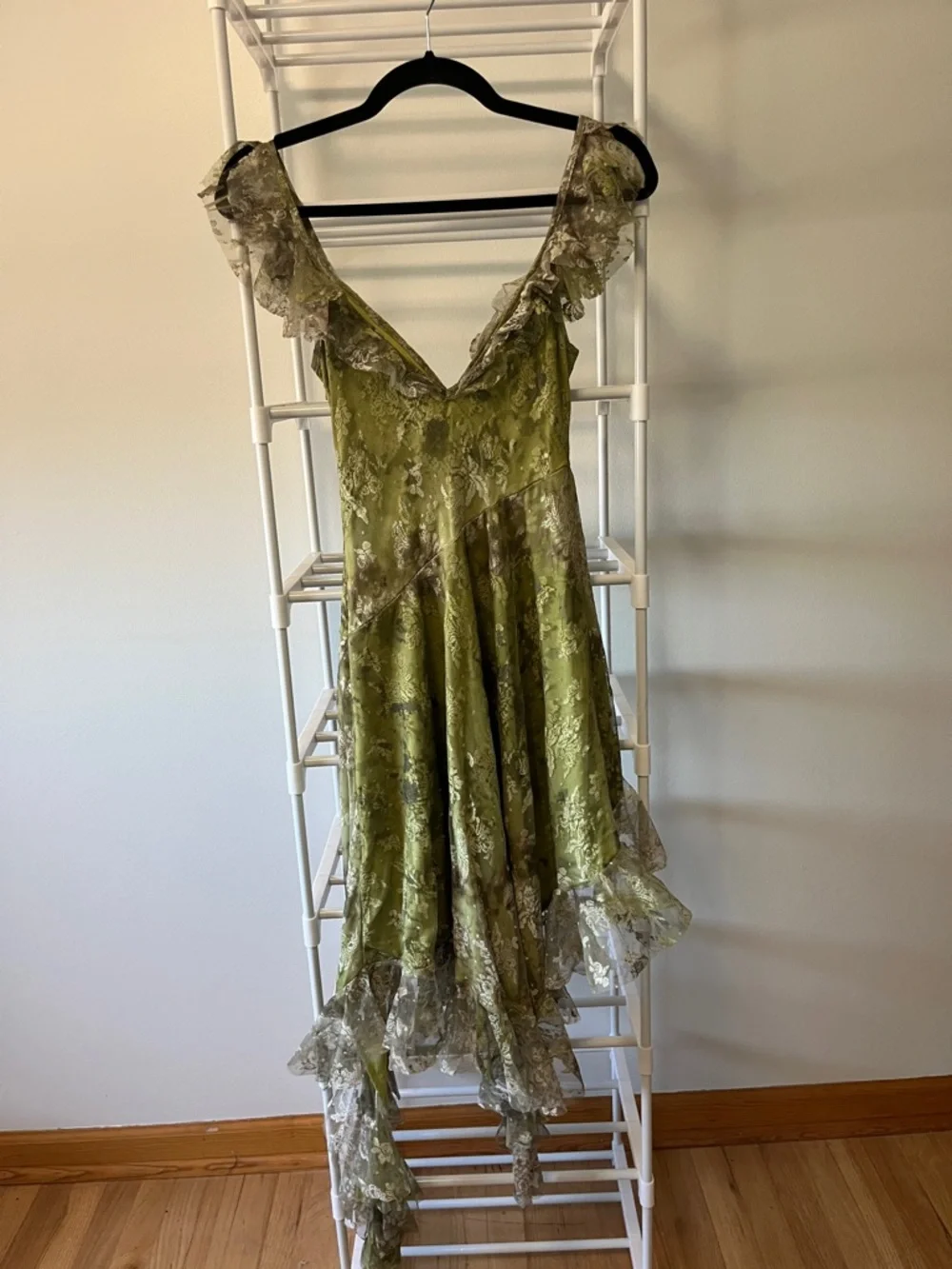 Urban Outfitters Olive Green Lace-Trim Asymmetrical Slip Dress - Picture 8 of 11